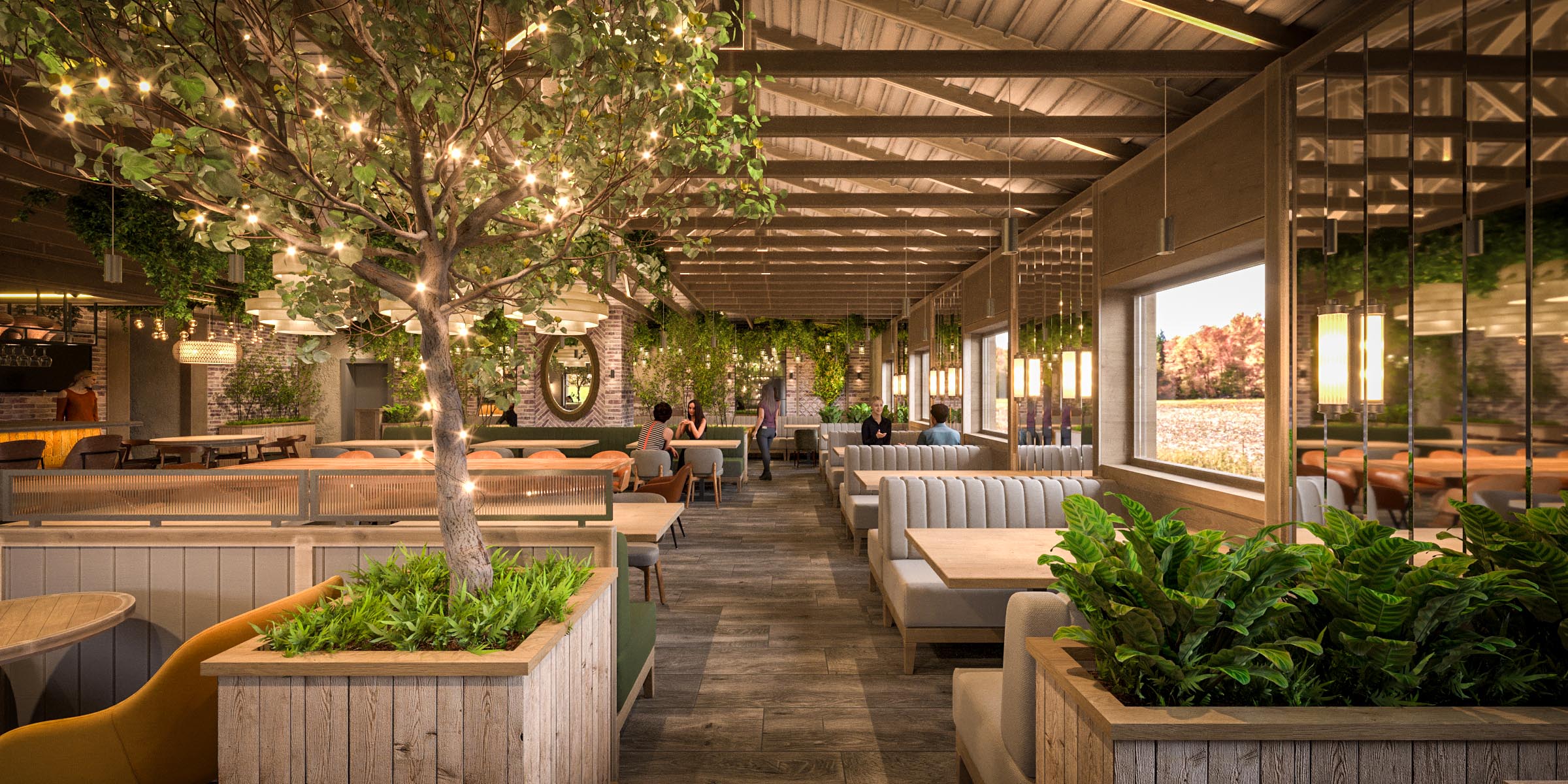 Interior design visualization looking through Odesa's garden-inspired dining room