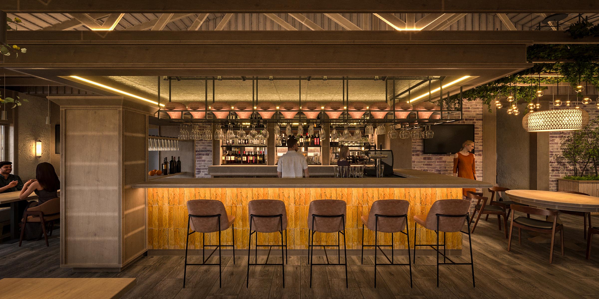 Odesa interior design visualization: warm light and crafted details at the bar